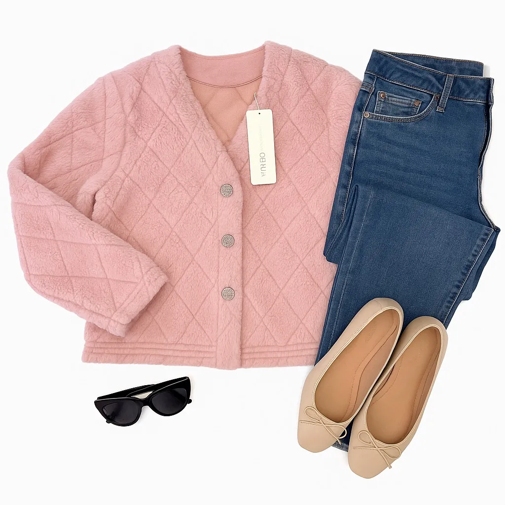 Goelia NWT RARE Pink Faux Fur Cropped Jacket Crystal Button Teddy Coat Small Size 4 - Image 2