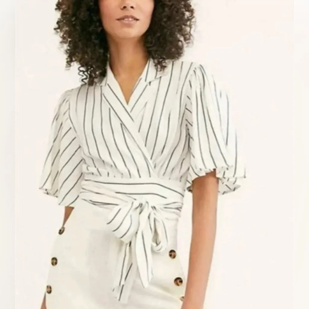 FREE PEOPLE "Tied To You" Wrap Striped Crop Linen Blend Top, Sz S - Image 3