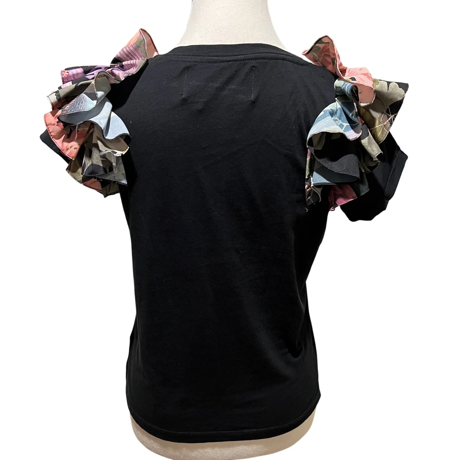 Eugenia Fernandez Floral Ruffle Shoulder Black Statement T - Image 2