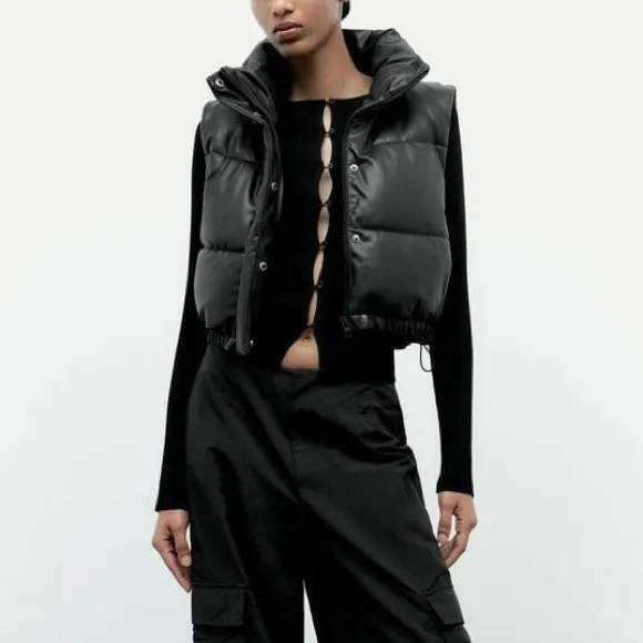 Zara Faux Leather Cropped Puffer Vest in Black Size XS - Image 13