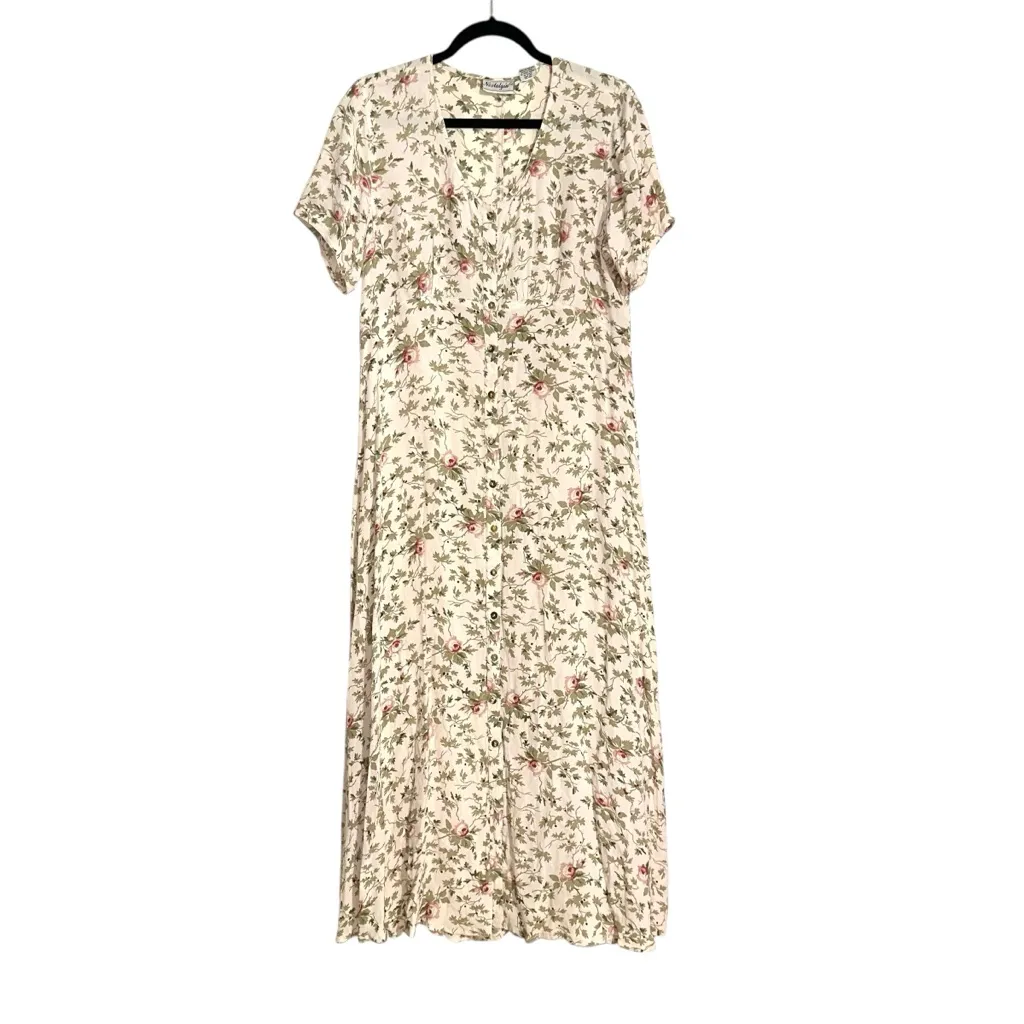 Nostalgia Vintage Cream Floral Short Sleeve Midi Dress LARGE Size M - Image 2