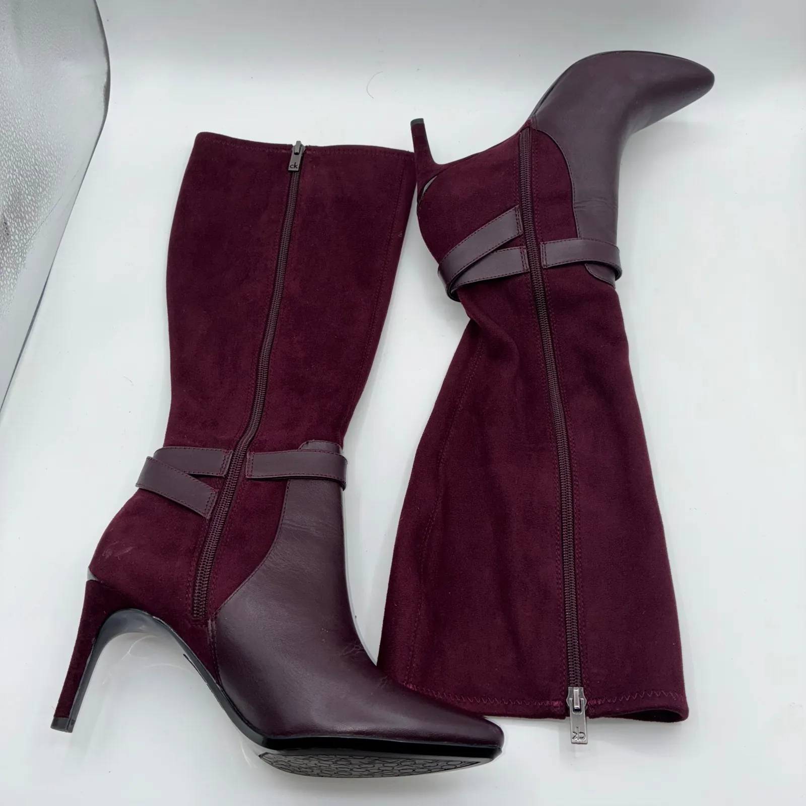 Calvin Klein Jemamine Wide Calf Tall Boots Burgundy Suede Leather Heel Size 6.5 - Image 5