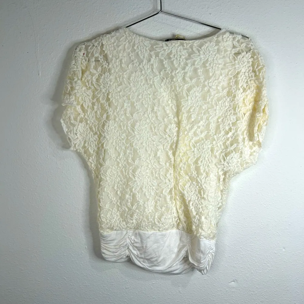 Romantic White Lace Overlay Blouse Satin Ruched Hem Love J Size Med Dressy - Image 8