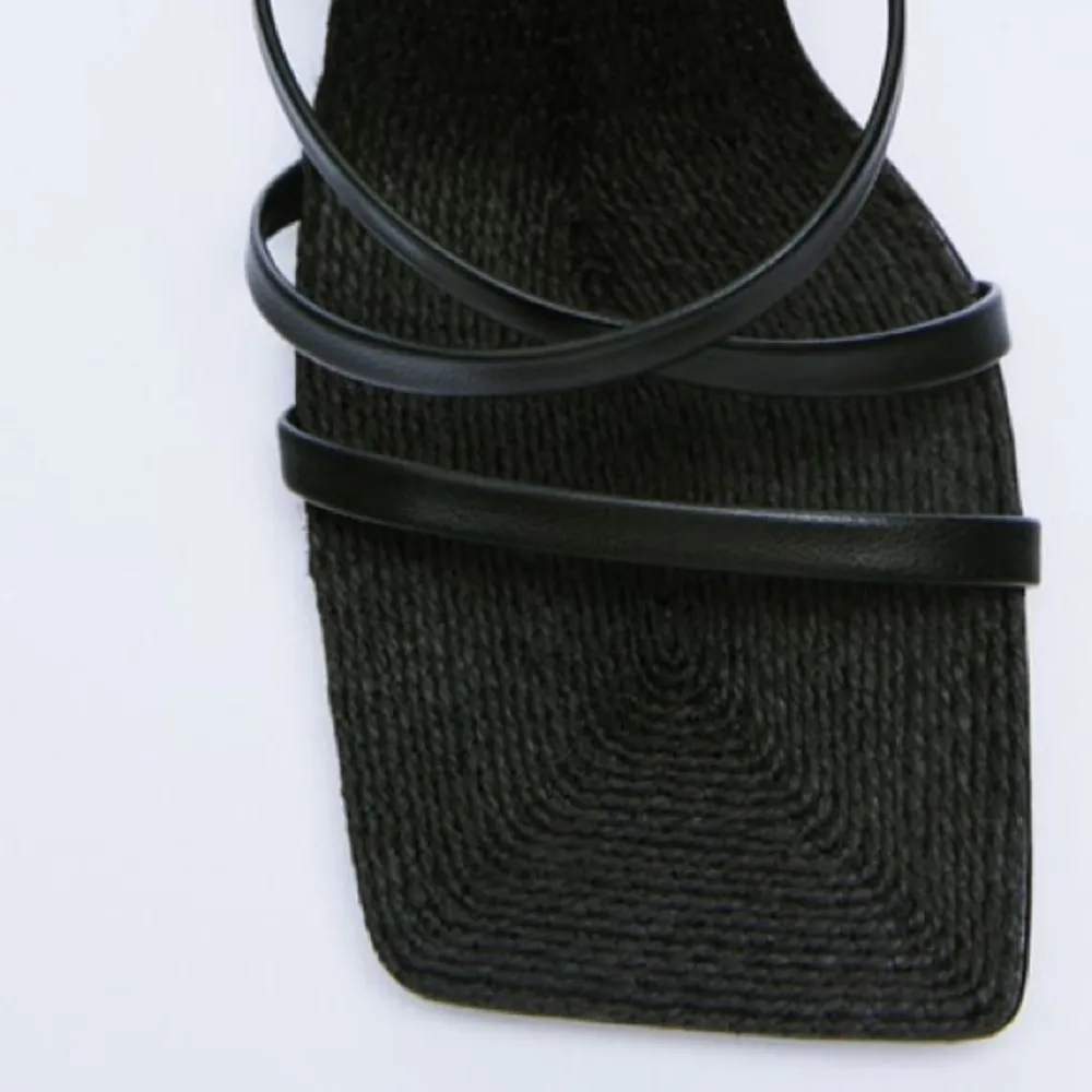 Zara Black Heeled Leather Sandals With Jute Insole Size 40 US9 - Image 4