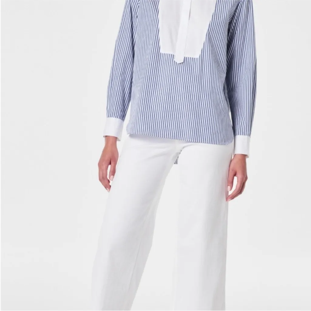 Spanx Poplin Tuxedo Button Front Shirt Blue and White Striped Blouse Small - Image 4
