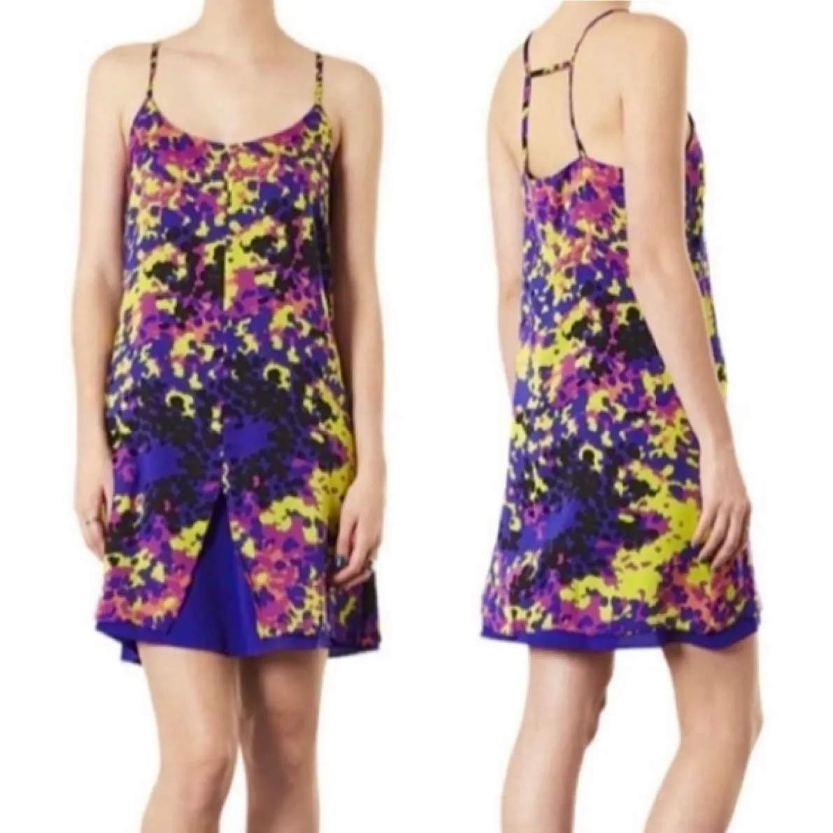 Colorful Abstract Print Strappy Slip Mini Dress Purple Yellow Size 2 - Image 3