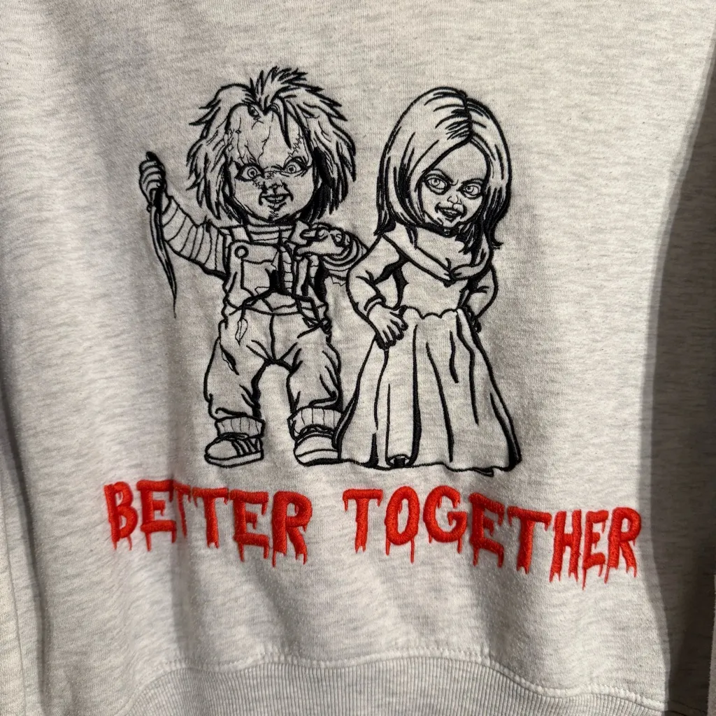 Cozy Gray Bride of Chucky Cropped Hoodie with Embroidered Design Size Medium - Image 2