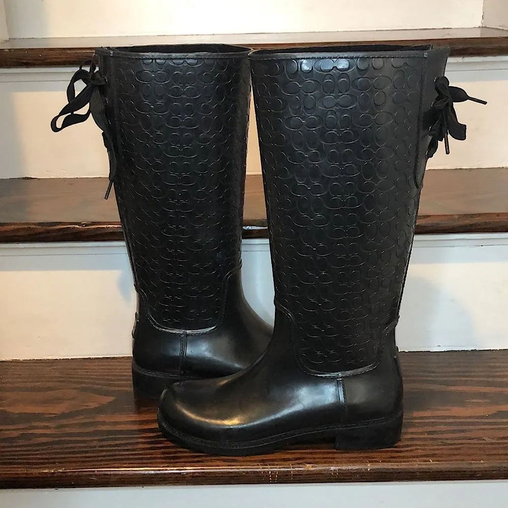 COACH Jacquard Signature C Laced Up Back Bow Heeled Black Rainboots Sz 9 - Image 6