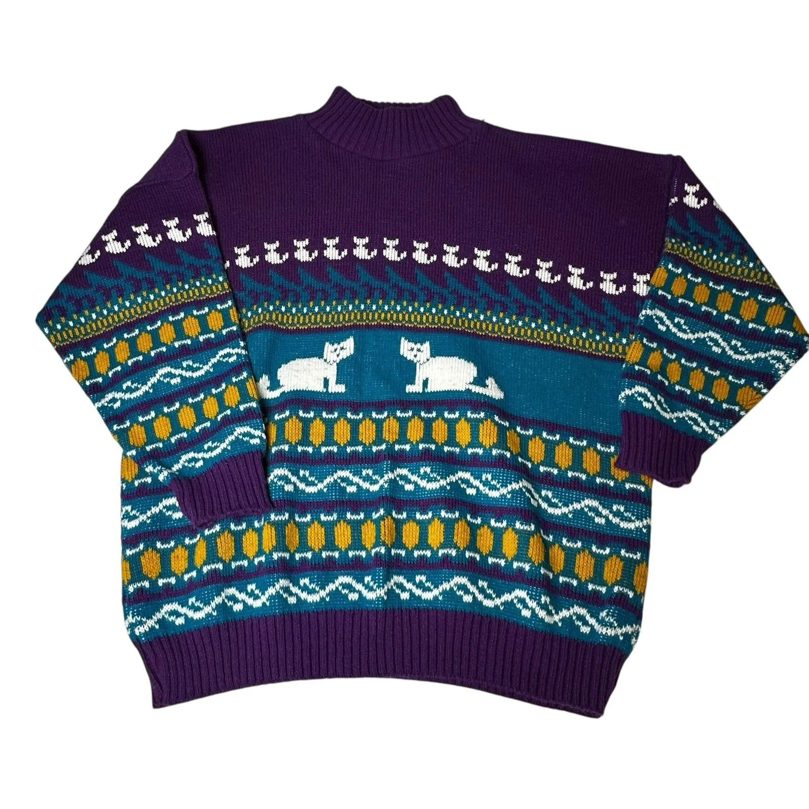 Sweater Vintage 80s Private Eyes‎ Cats AOP Knit Knitted Sweater Size 4 Wool Purple - Image 3
