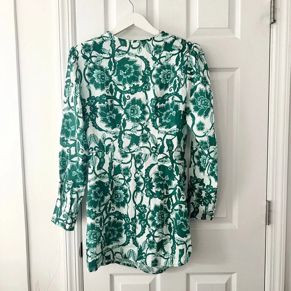 Rumer The Label Bodhi Green White Floral Boho Long Sleeve Shirt Mini Dress M NWT Size M - Image 4
