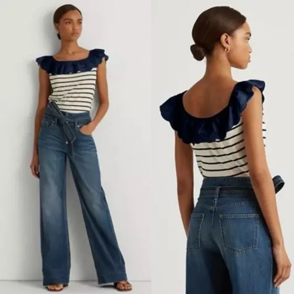 Lauren Ralph Lauren Striped Eyelet Ruffle Top, Cap Sleeve Round Neck Size XL NWT Blue - Image 2