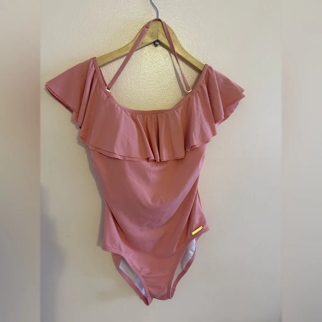 Michael Kors Pink Ruffle Swimsuit Built in Shelf Bra Padded Cups Off Shoulder 6 - Image 14