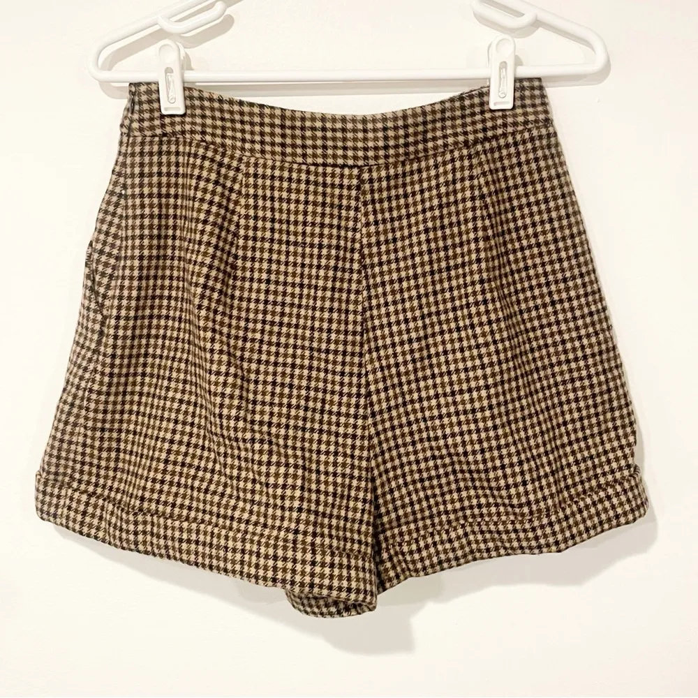 Maje  Size 40/Large Brown Ilro Wool-Blend Pleated Houndstooth Shorts - Image 7