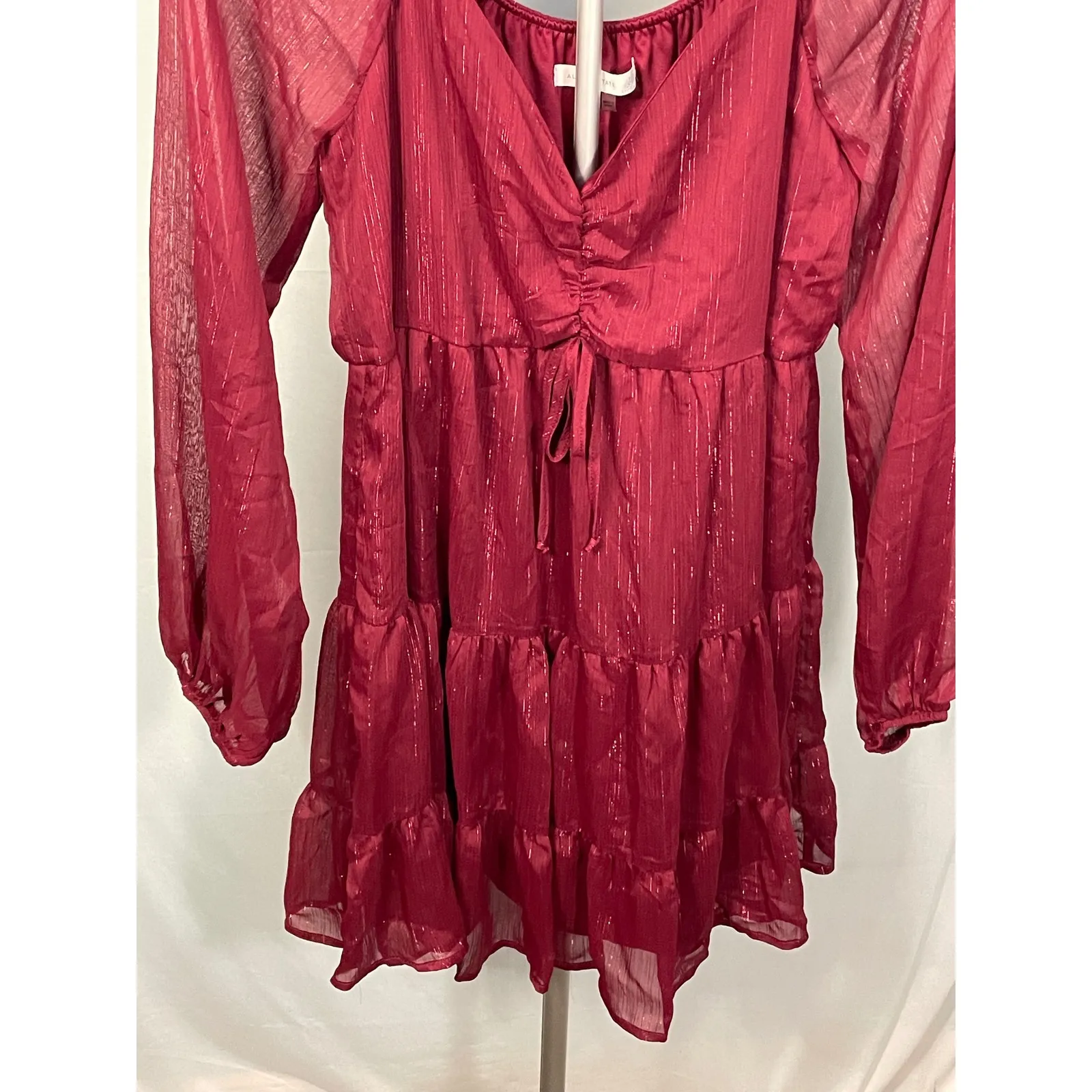 Altar State Burgundy Metallic Tiered Long Sleeve Babydoll Dress XL‎ - Image 5