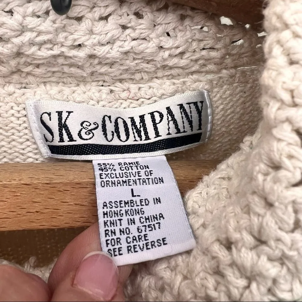 Vintage knit cream sweater with floral rosettes and crochet collar Pink Size L - Image 4