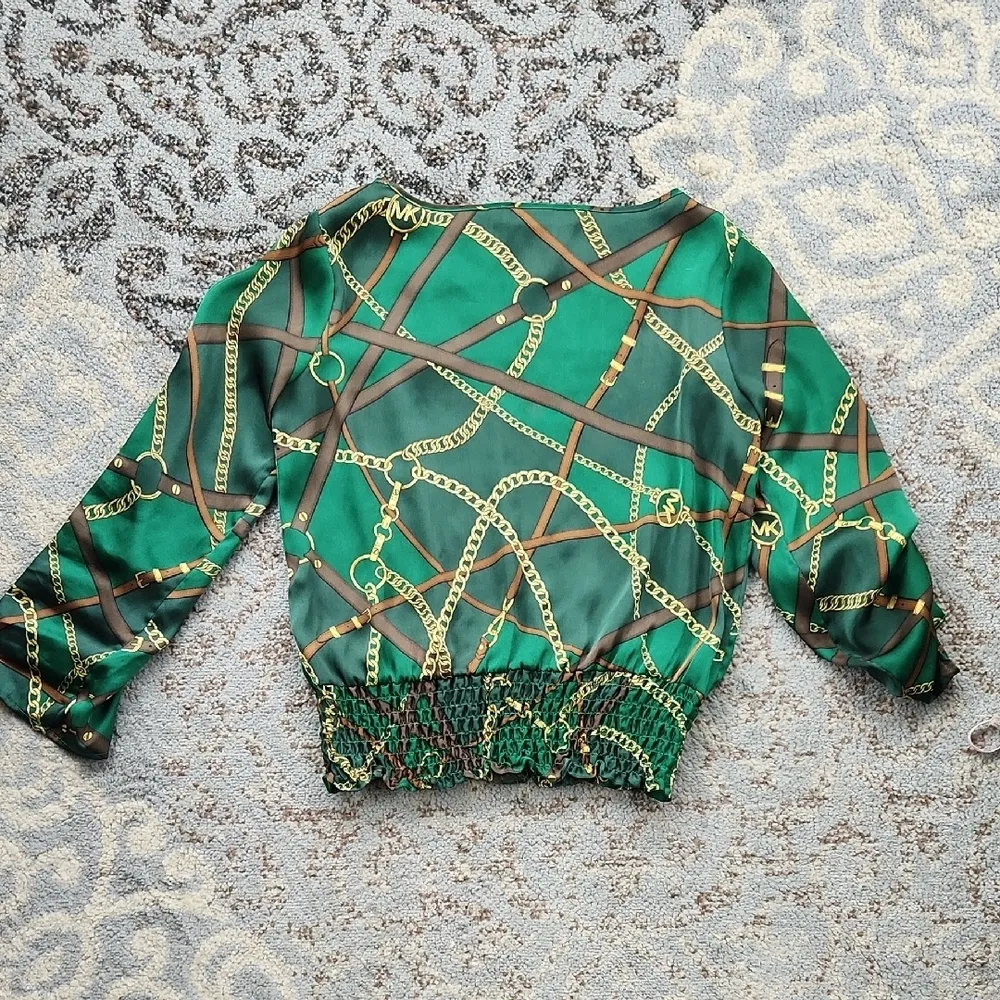 Michael Kors Ruched Chain Print Top Green Gold P - Image 9