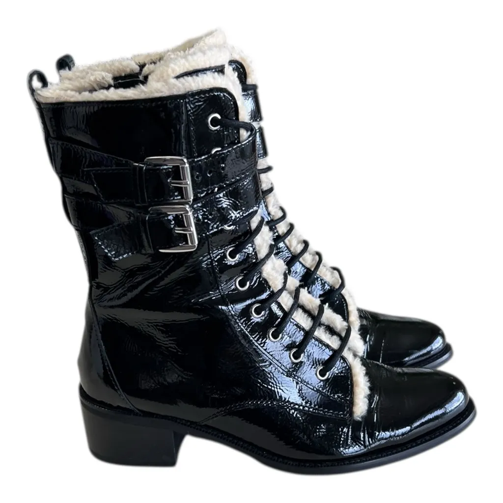 Kurt Geiger London Serena Block Heel Black Patent Combat Boots With Fur Trim 8.5 - Image 8