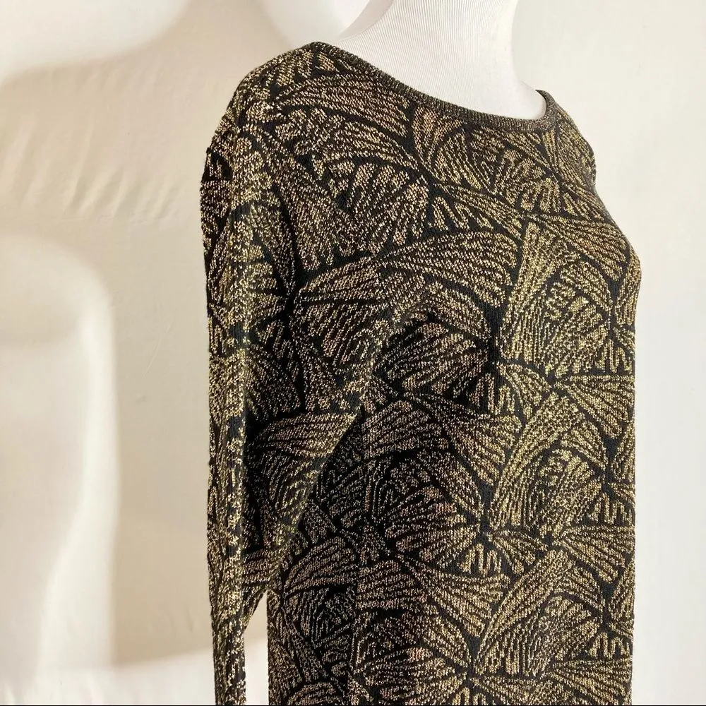 Vintage Adrienne Vittadini Sweater Black Gold Metallic Medium Low Back 80s Top - Image 5
