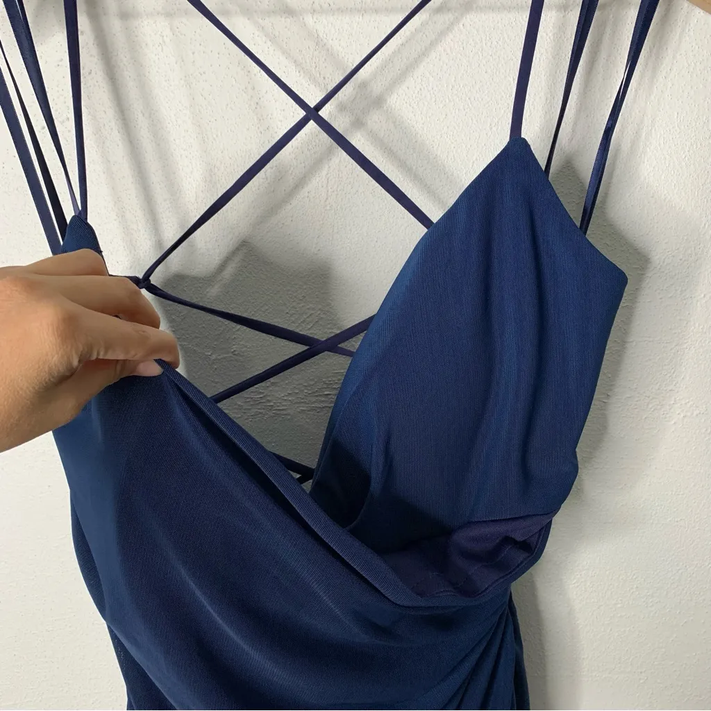 La Femme 12 Surplice Front Strappy Tie Back Ruch Jersey Gown Aegean Blue - Image 5