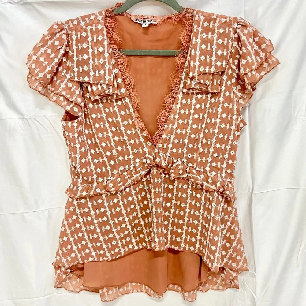 Walter Baker Carole Empire Waist Ruffle Sleeve Hi-Low Blouse Blush white Women L - Image 2