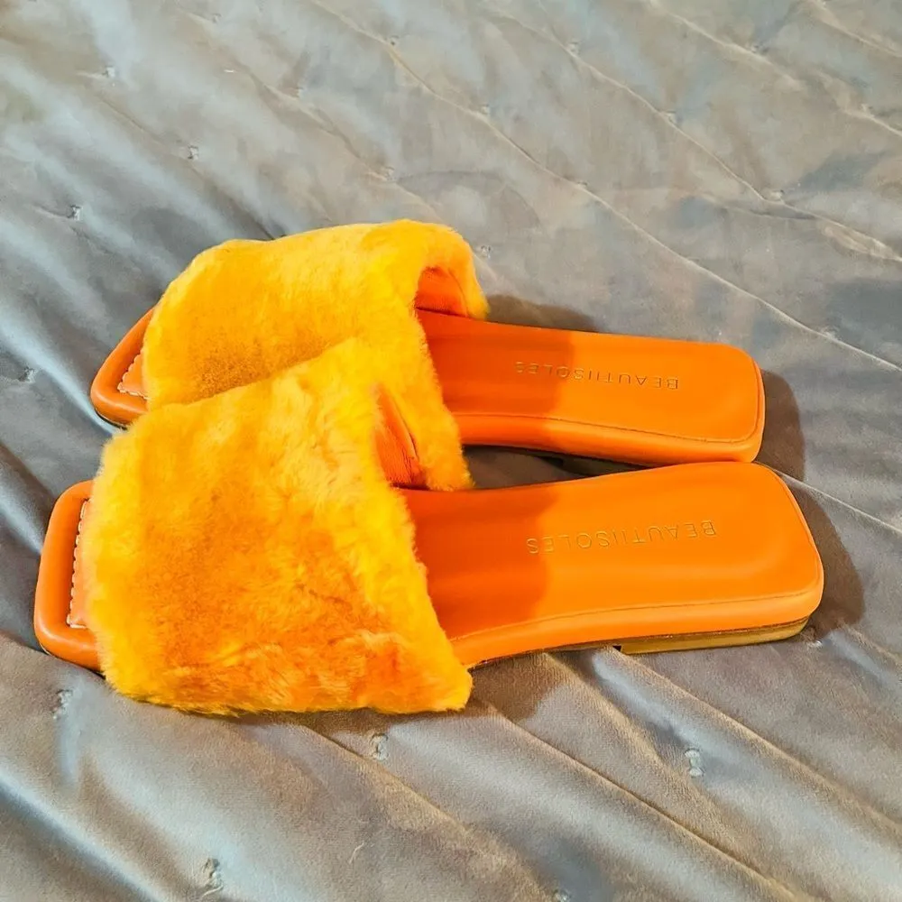 BEAUTIISOLES Faux Fur Sofie Slide Orange Shearling Leather 7.5 NIB - Image 6