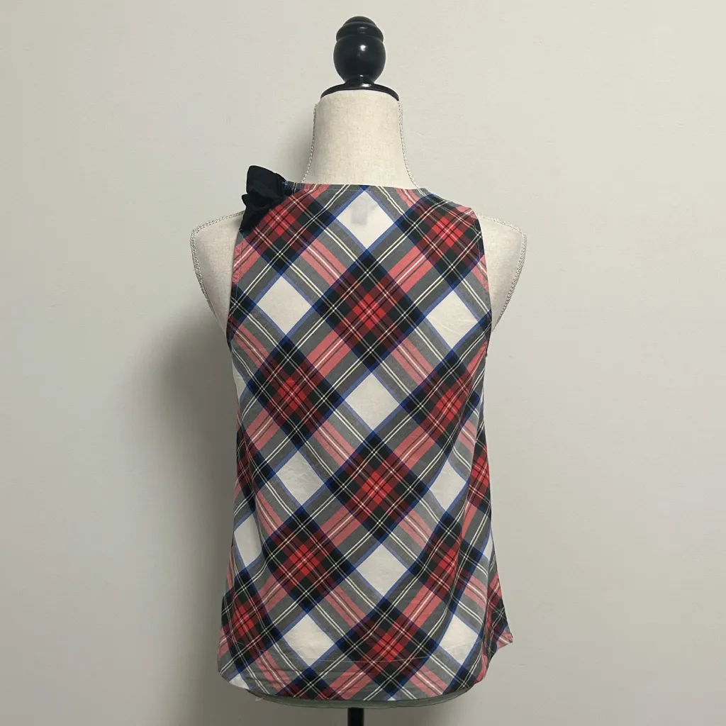 J Crew Red White Black Plaid Sleeveless Shoulder Bow Tie A Line Cotton Blouse 0 - Image 4