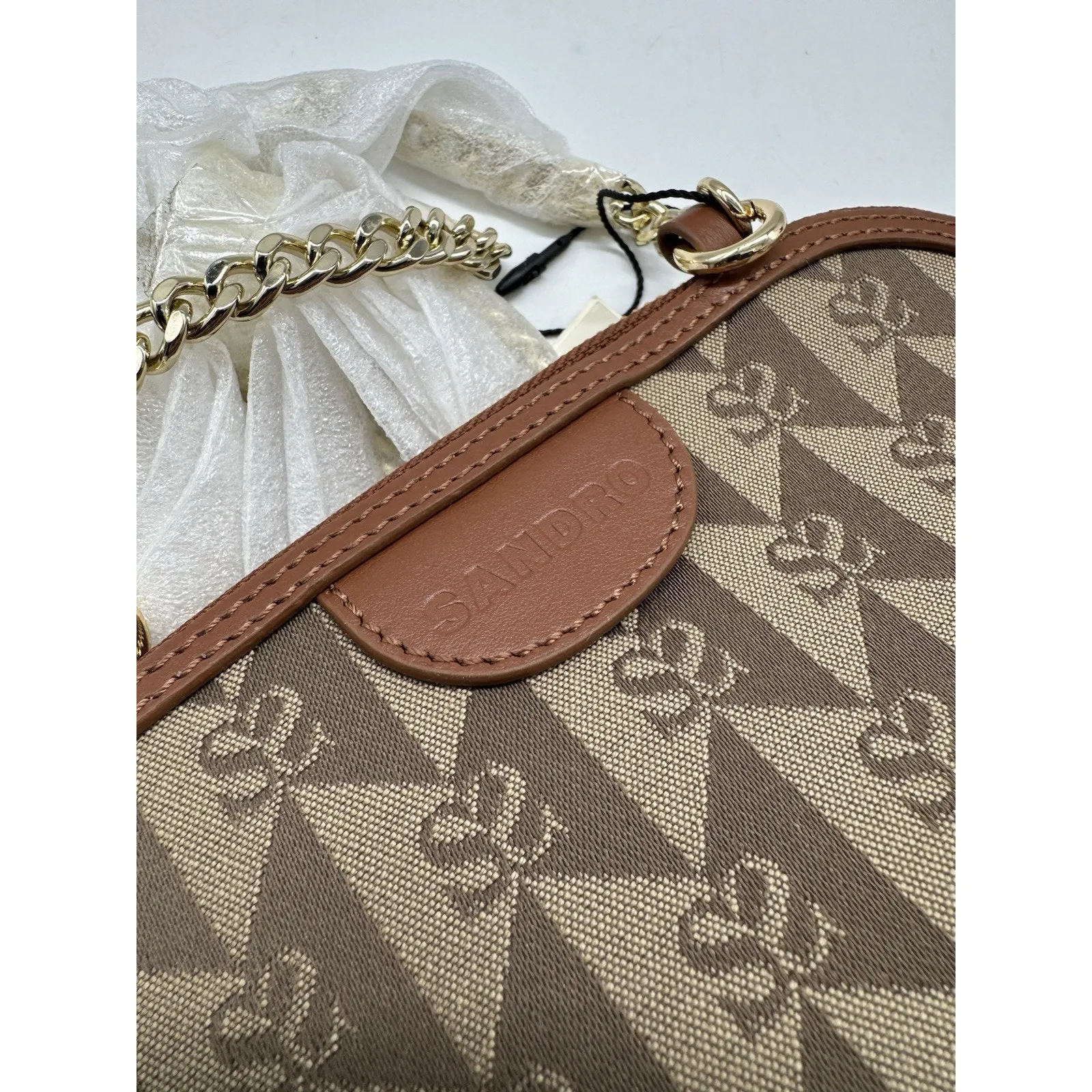 NWT Sandro Marron Brown Small Canvas Leather Logo Chain Strap Crossbody Bag - Image 7