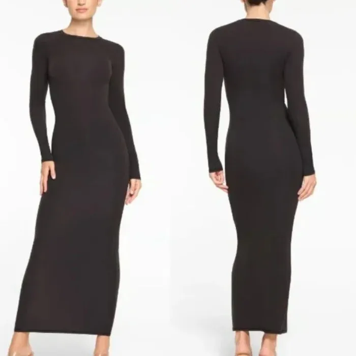 SKIMS Fits Everybody Crew Neck Long Sleeve Maxi Dress Black Stretch  XL - Image 2