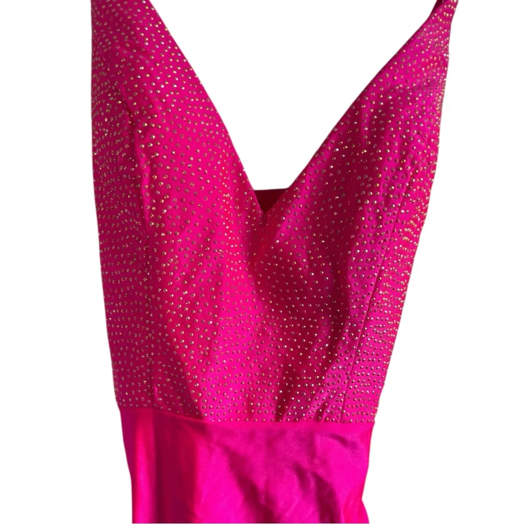 La Femme Rhinestone Plunge Neck Gown Neon Pink 4 Formal‎ Prom Strappy 30601 - Image 8