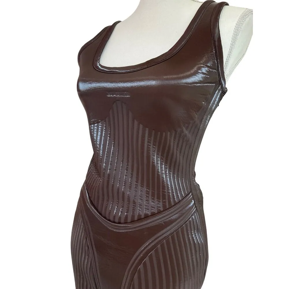 MUGLER Embossed Mini Dress in Chocolate 36 New Womens Scuba Tank Bodycon Brown Size undefined - Image 7