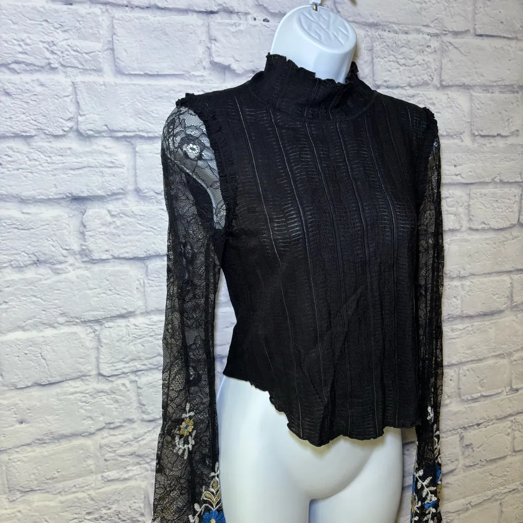 Free People Don't Blame Me Cuff top Embroidered Bell Sleeves Bohemian Sheer Lace - Image 6