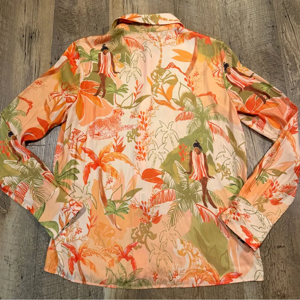 Rachel Zoe Vibrant Floral Tropical Button Up Long Sleeve Orange - Image 2