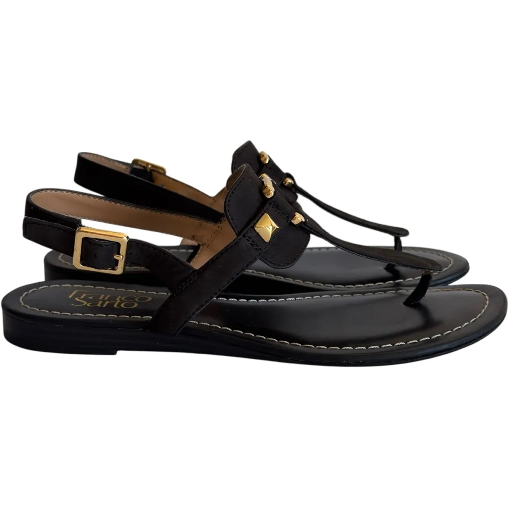 Franco Sarto Leather Flat Gladiator Strappy Sandals 6.5 Womens Gram Black Gold - Image 2