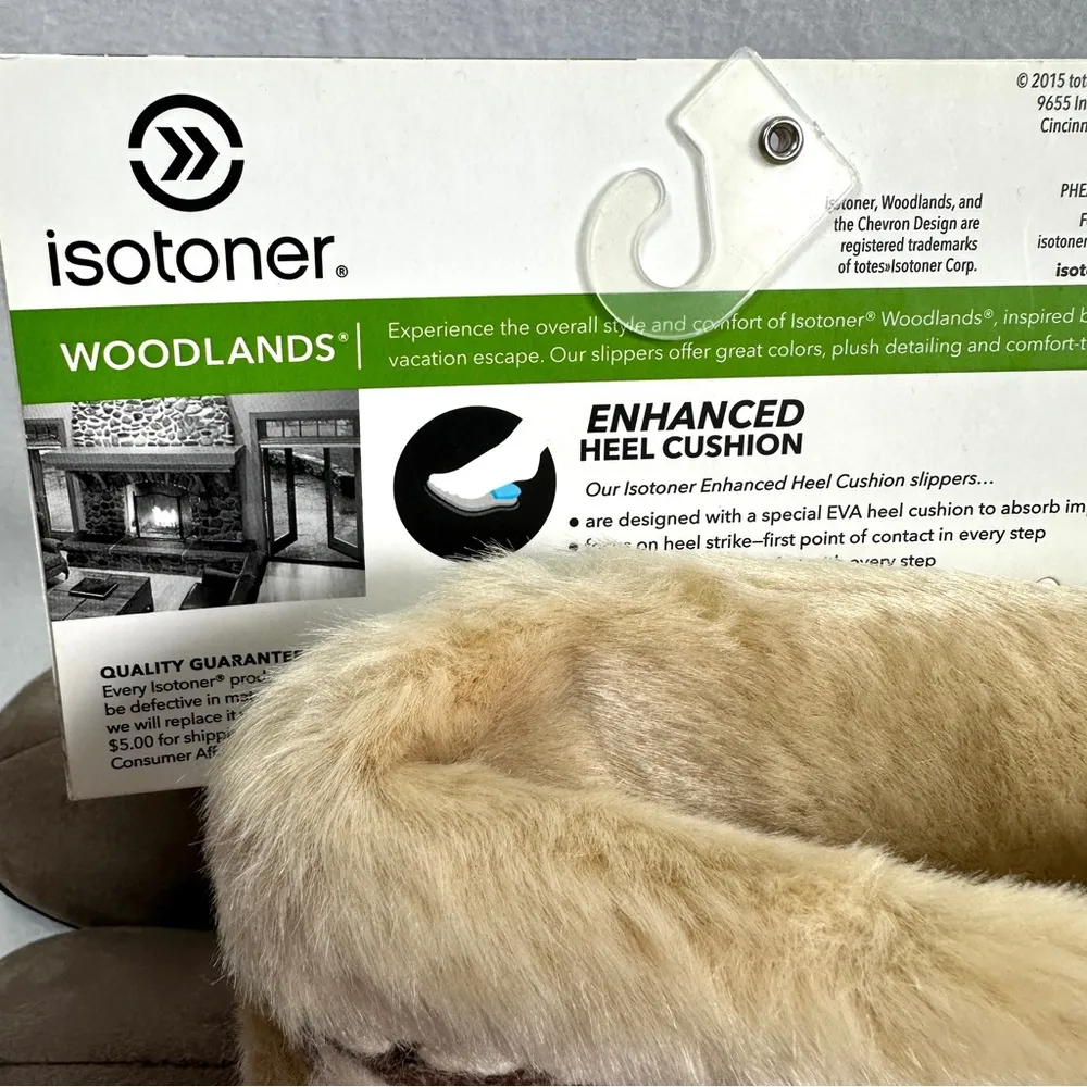 Isotoner Woodlands Slippers Womens S 6.5/7 Taupe Hard Sole Cushion Faux Fur New - Image 5