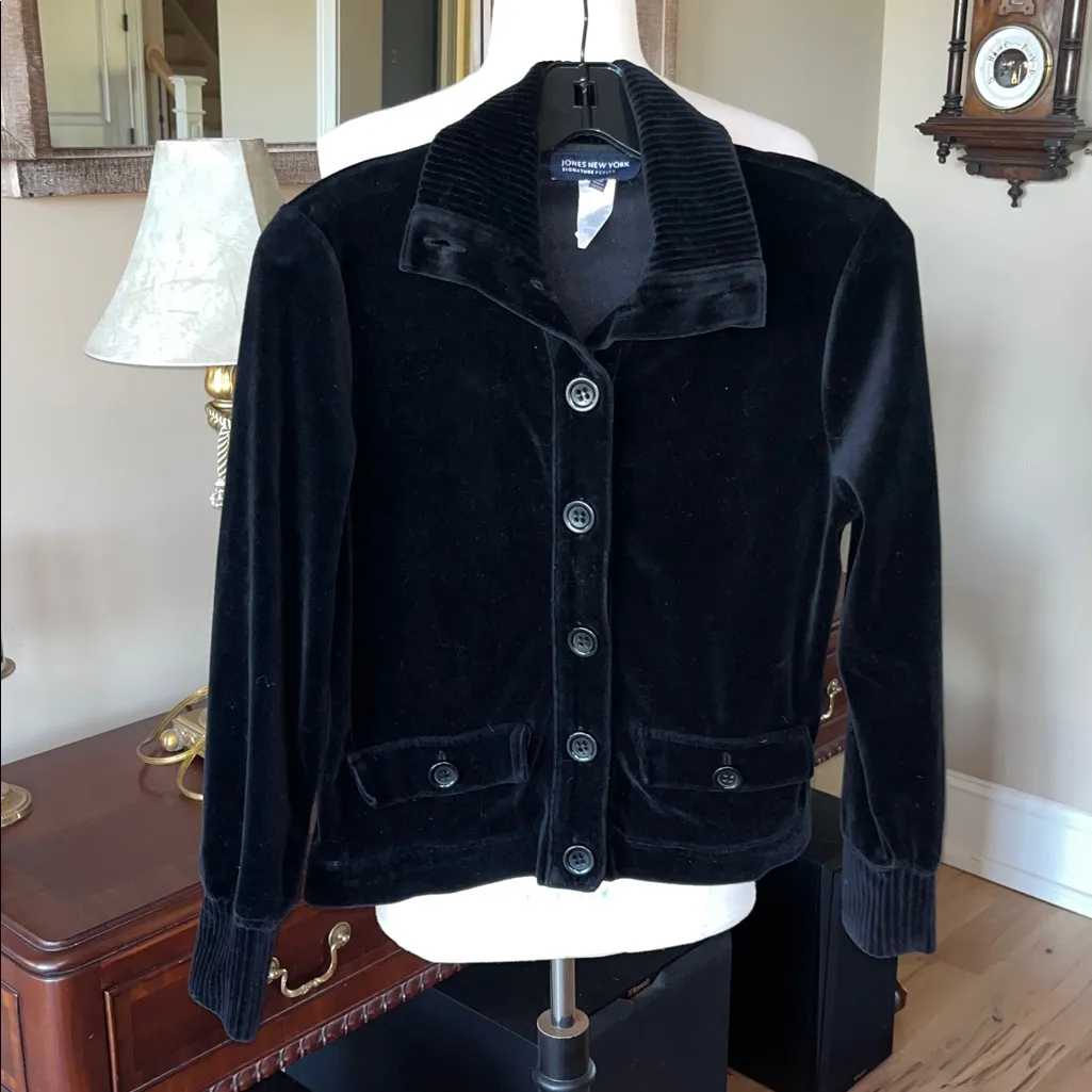 Jones New York Signature Petite Sweater Black Velour Button Down Front Womens PM - Image 5