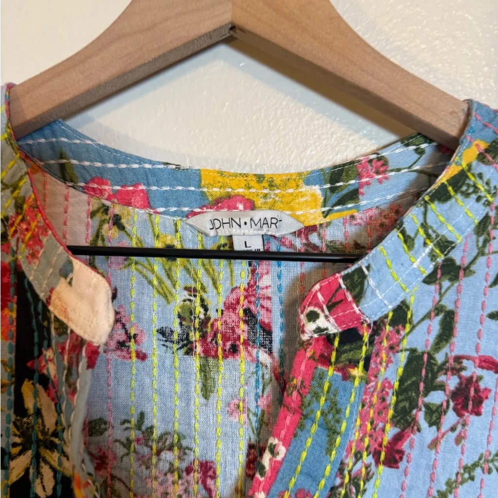 John Mark John‎ Mark 3/4 Sleeve Split V- Neck Floral Patchwork Bohemian Blouse - Image 4