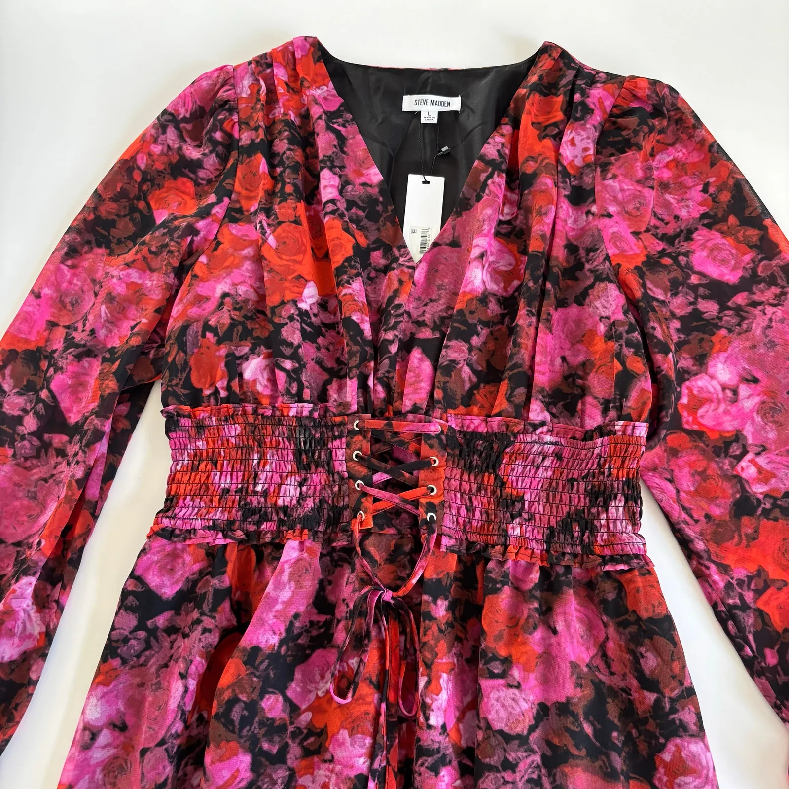 Steve Madden Diana Floral Chiffon Long Sleeve Mini Dress Large NWT Corset Waist - Image 4