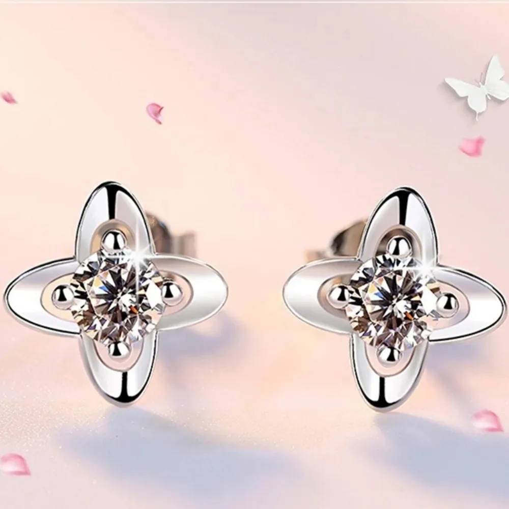 NEW 925 Sterling Silver Clover‎ Diamond Stud Earrings - Image 13