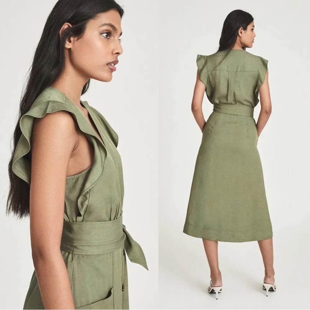 REISS • Emma Plunge Frill Shoulder Dress green midi button front tie waist belt - Image 12