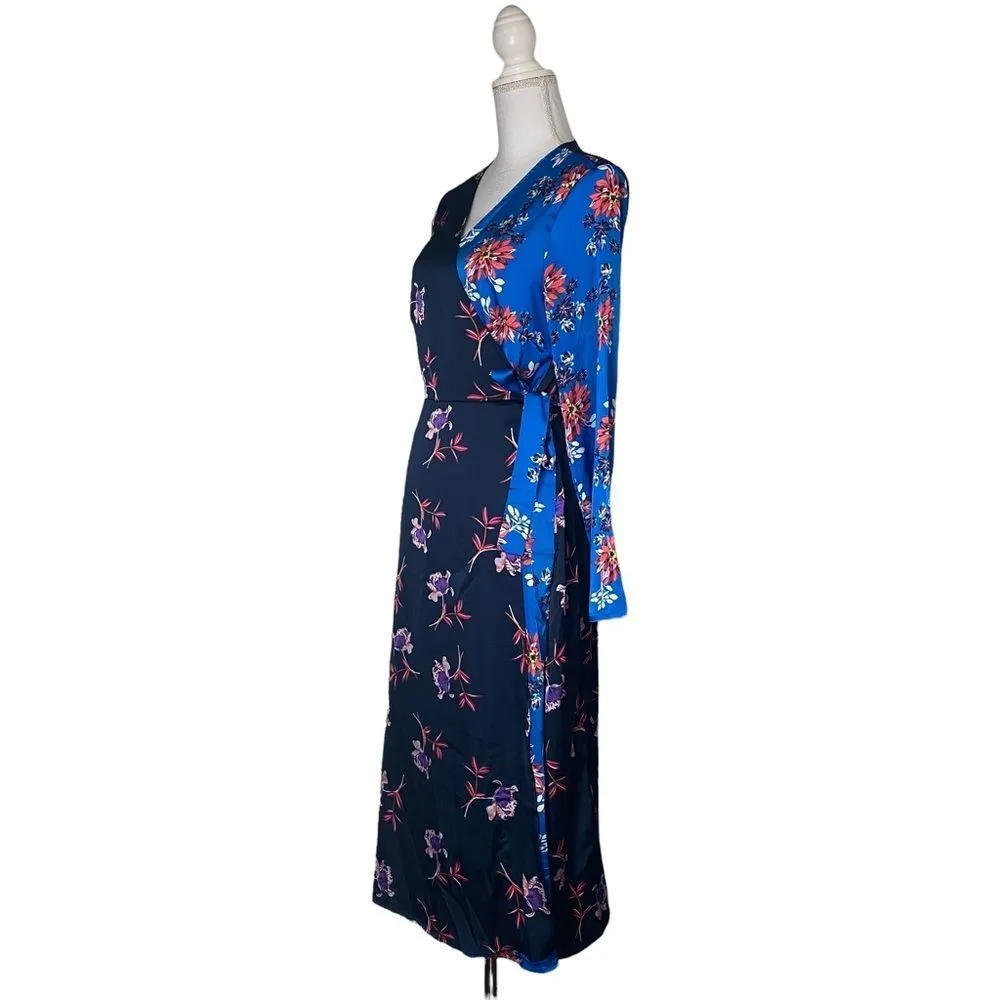 Liquorish Women's Sz 10 Block FLoral Blue True Wrap Midi Dress - Image 3
