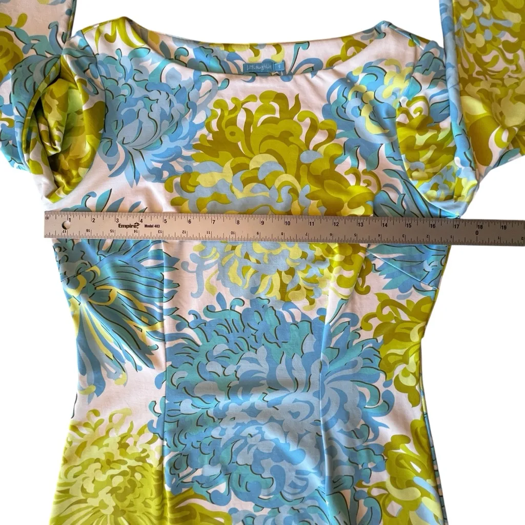 J. McLaughlin Teal and Lime Green Quarter Sleeve Ride Ruched Knee Length Dress S - Image 8