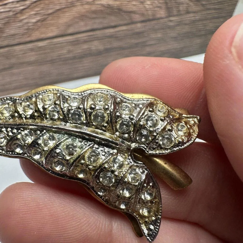 Vintage Rhinestone Leaf Autumn Fall Two Tone Brooch Pin Gold - Image 7