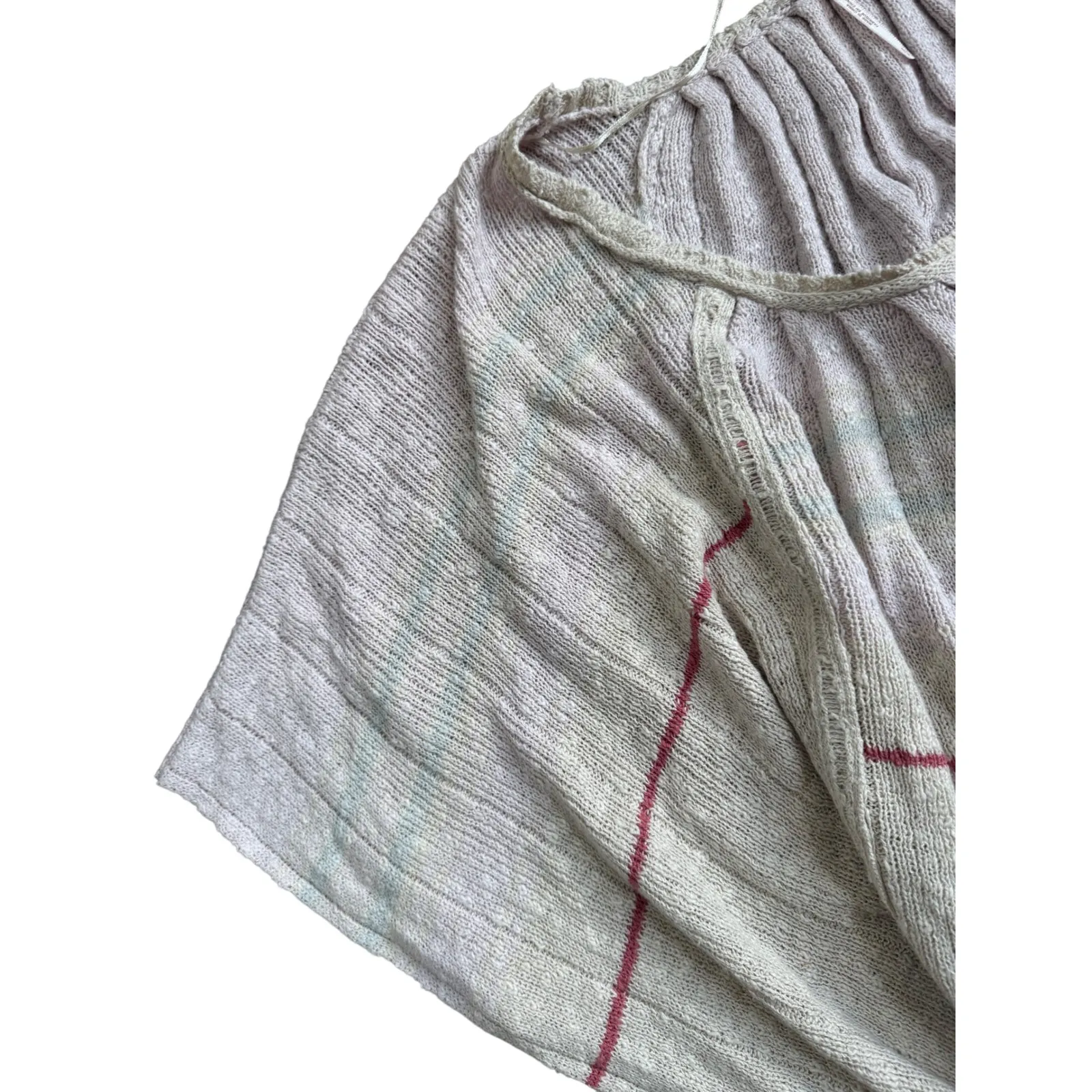 Free People Beige Knit Poncho Top Red Stripe Gauzy Kimono Style Oversized Small - Image 3