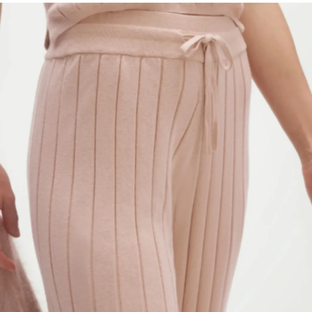 NWT Naked Cashmere Tan Cream Ribbed Wide Leg Pants Adjustable Waist Size Medium - Image 2