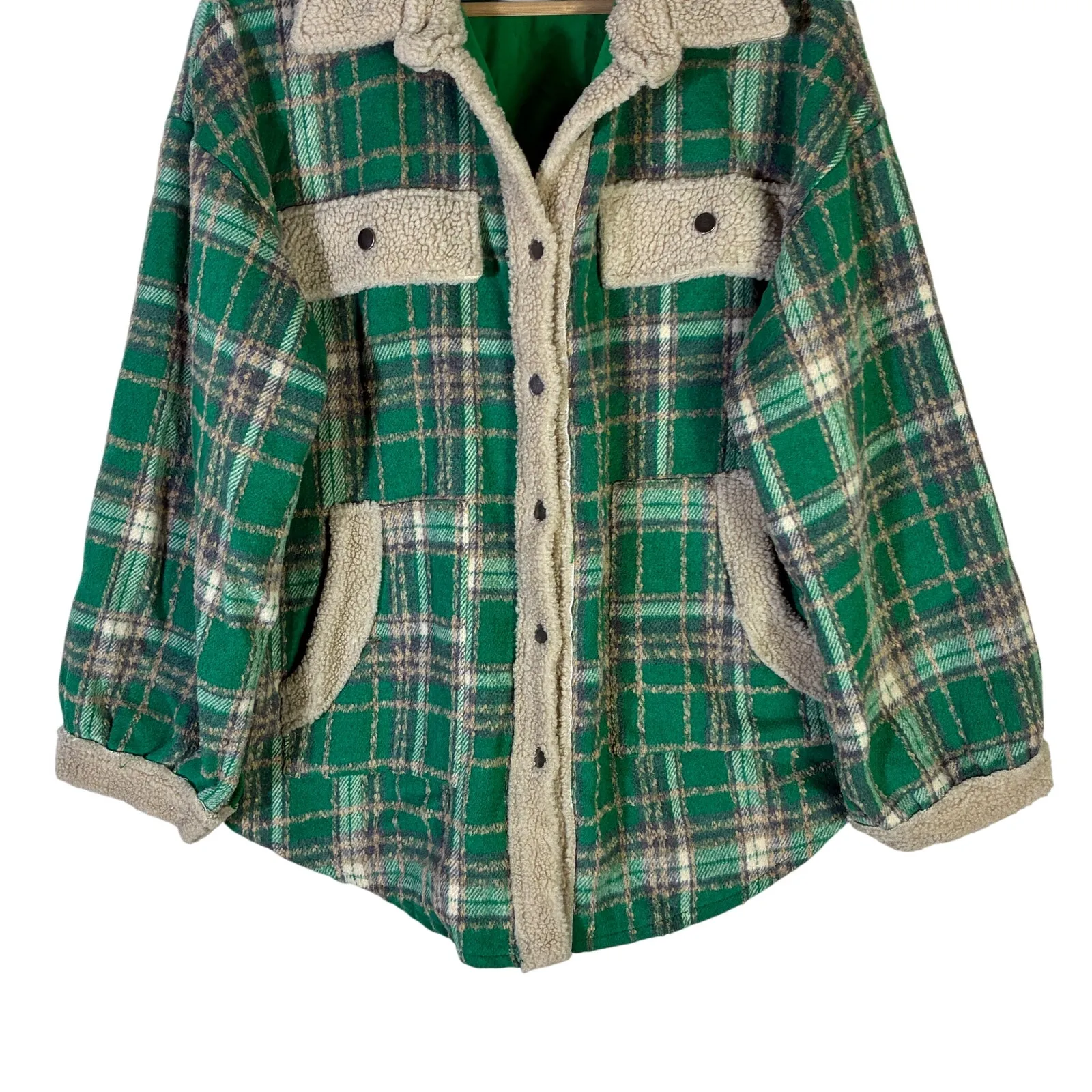 Panache Apparel Plaid Sherpa Lined Jacket Womens M Green Cream Cozy Cottagecore Size M - Image 4