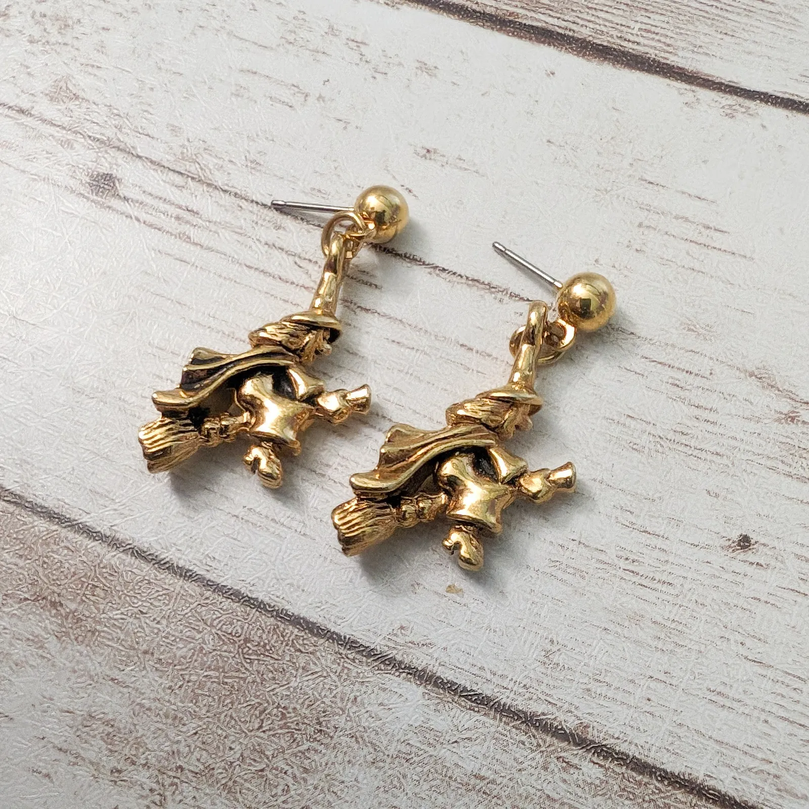 Vintage Earrings For Pierced Ears Gold Tone Witch On Broom Dangle - Image 2