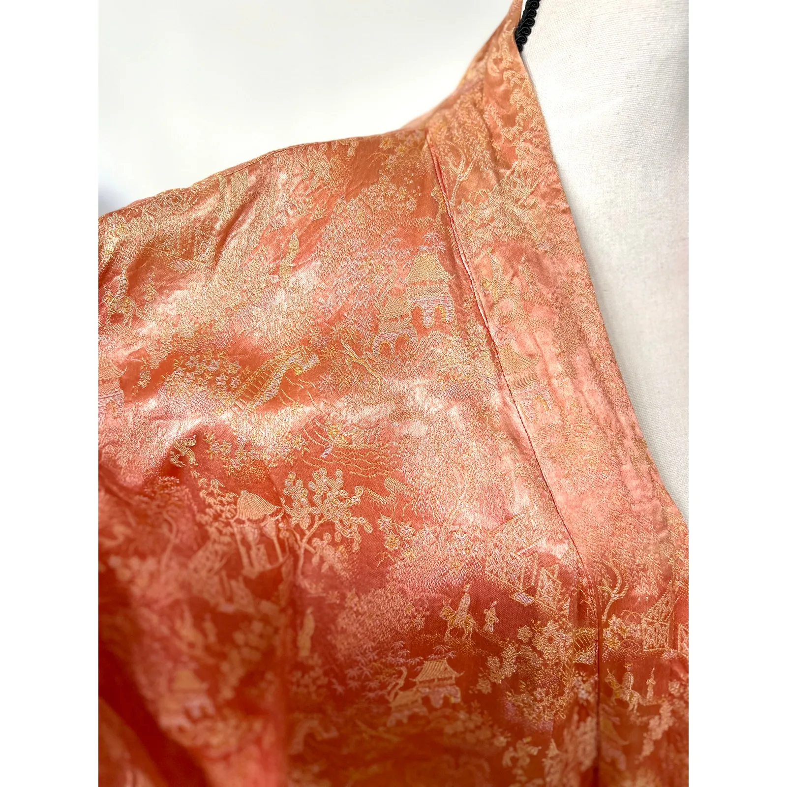 Vintage 60s Peach Orange Satin Chinoiserie Full Length Kimono Duster - Image 2