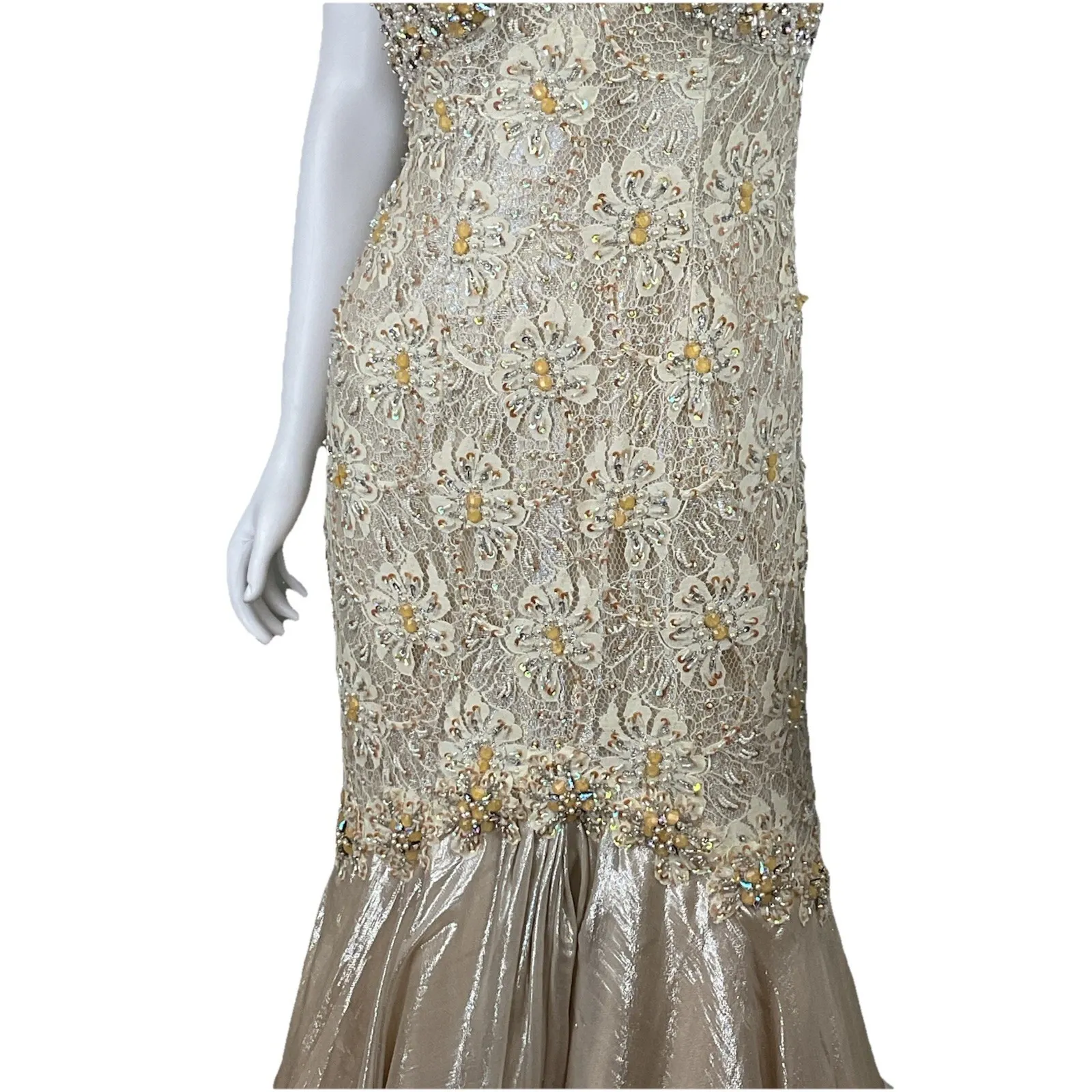 Mac Duggal Couture Beaded Strapless Gown Womens 4 Champagne Lace Mermaid Formal - Image 13