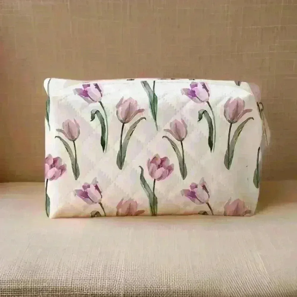 Floral Tulip Print Quilted Makeup Pouch Pink - Image 2
