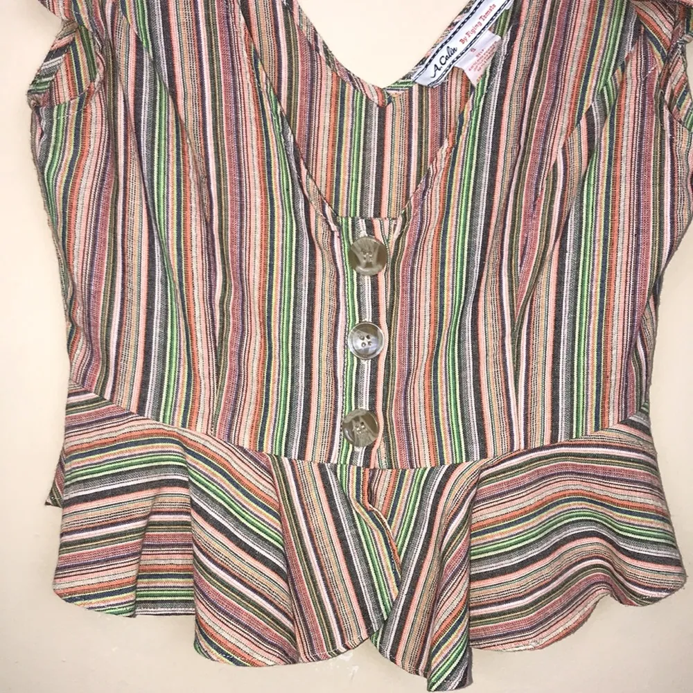 A. Calin by Flying Tomato Women’s Linen Blend Stripe Button-Up Peplum Blouse - Image 2